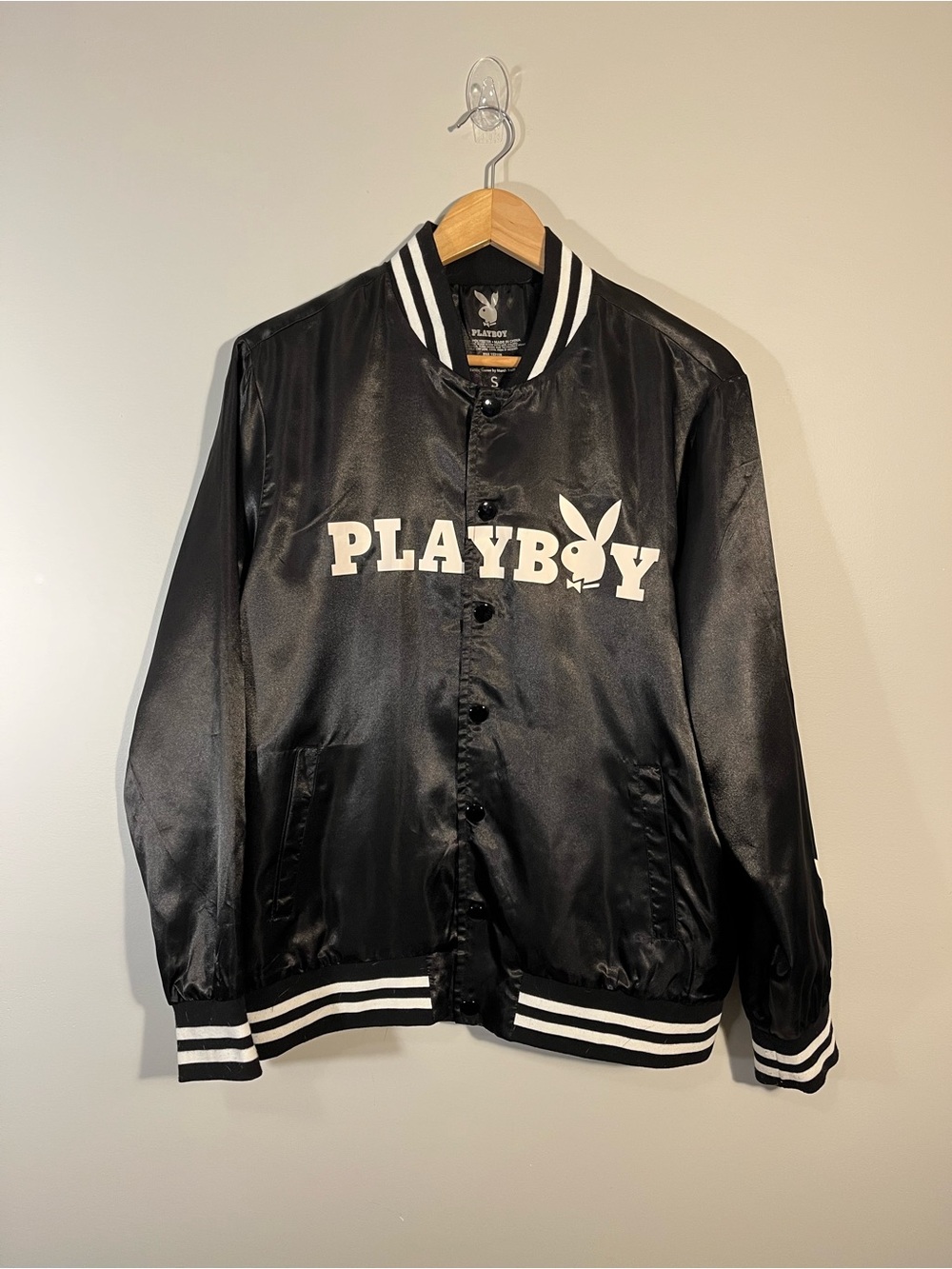 PLAYBOY Black Satin Varsity Bomber Jacket White Bunny Logo Men’s Small